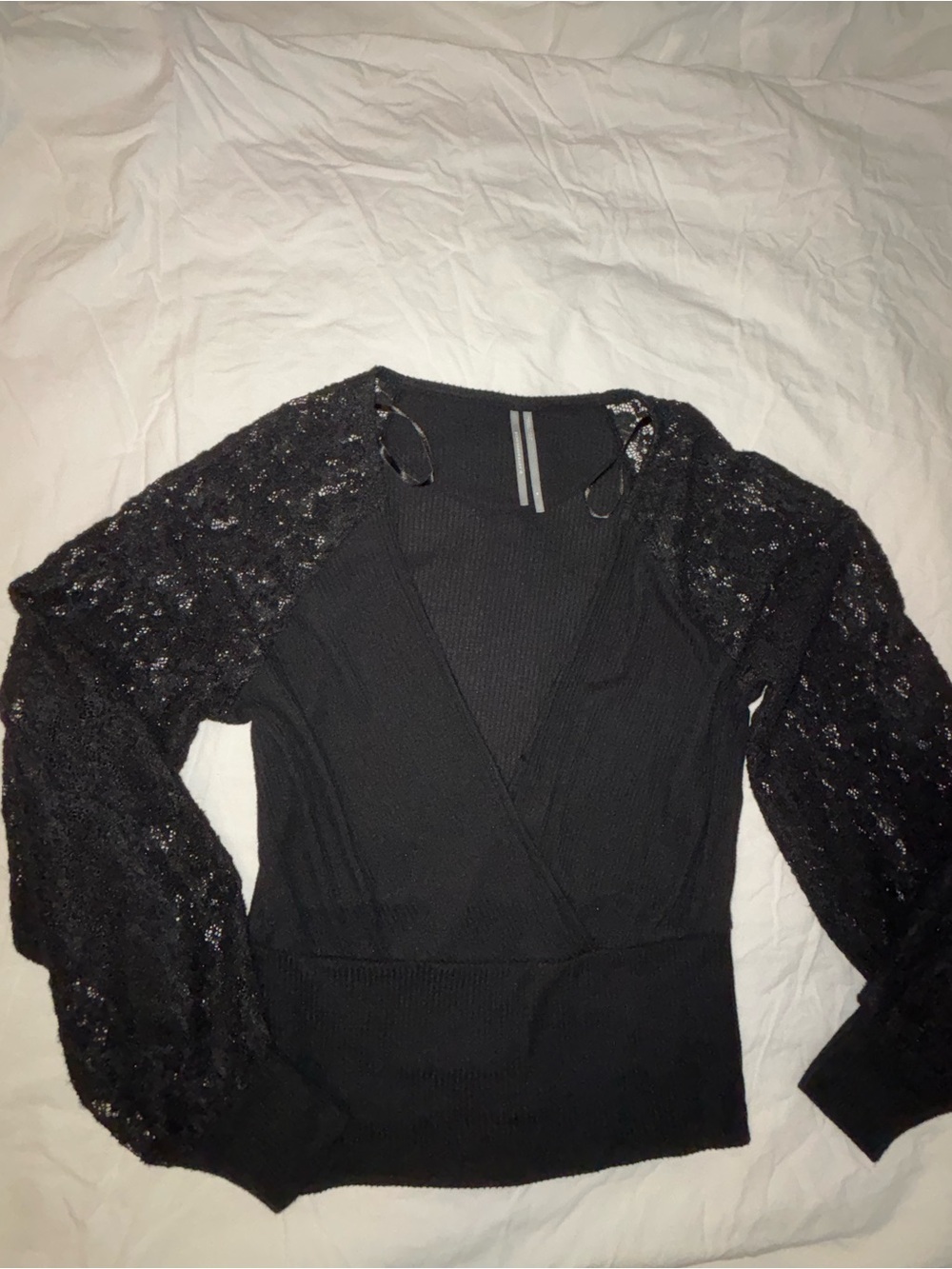 Anthorpologie Black Knit Wrap Top with Sparkle Lace Sleeves